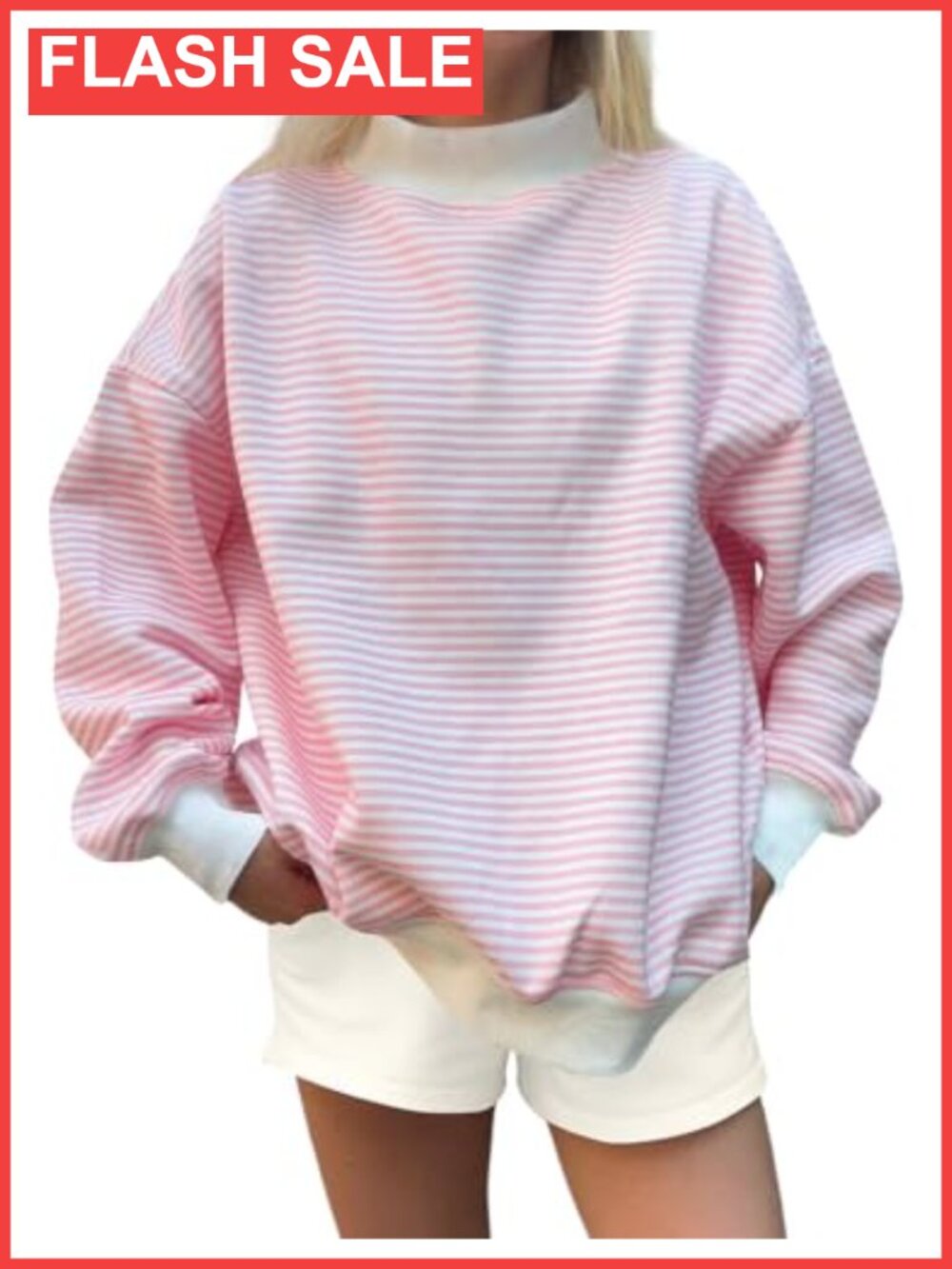 Women Mock Neck Oversized Striped Long Sleeve Pullover Sweatshirt